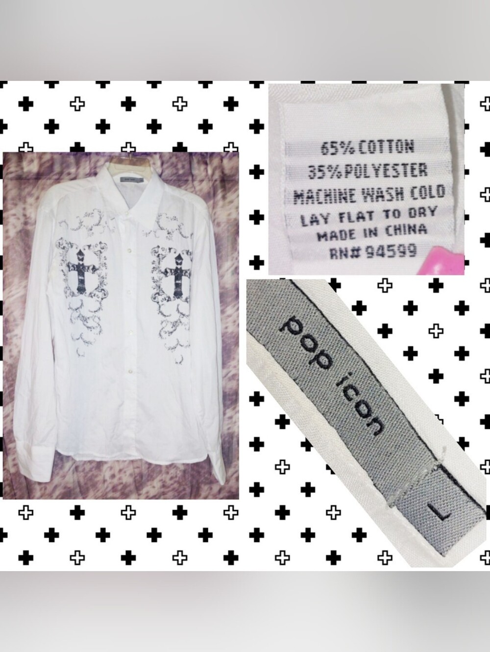 Pop Icon Clothing White w/2 Black Crosses Soft Woven Button Front Shirt Sz Large